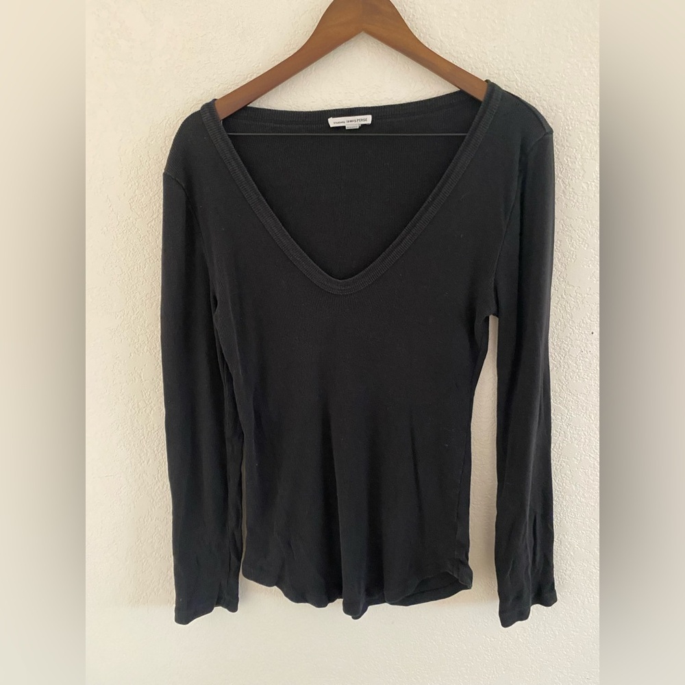 Standard James Perse Ribbed Long Sleeve Top Womens 4 (US XL) Black V Neck Shirt
